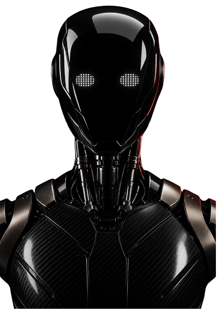 Glossy black humanoid robot with white LED dot-matrix eyes